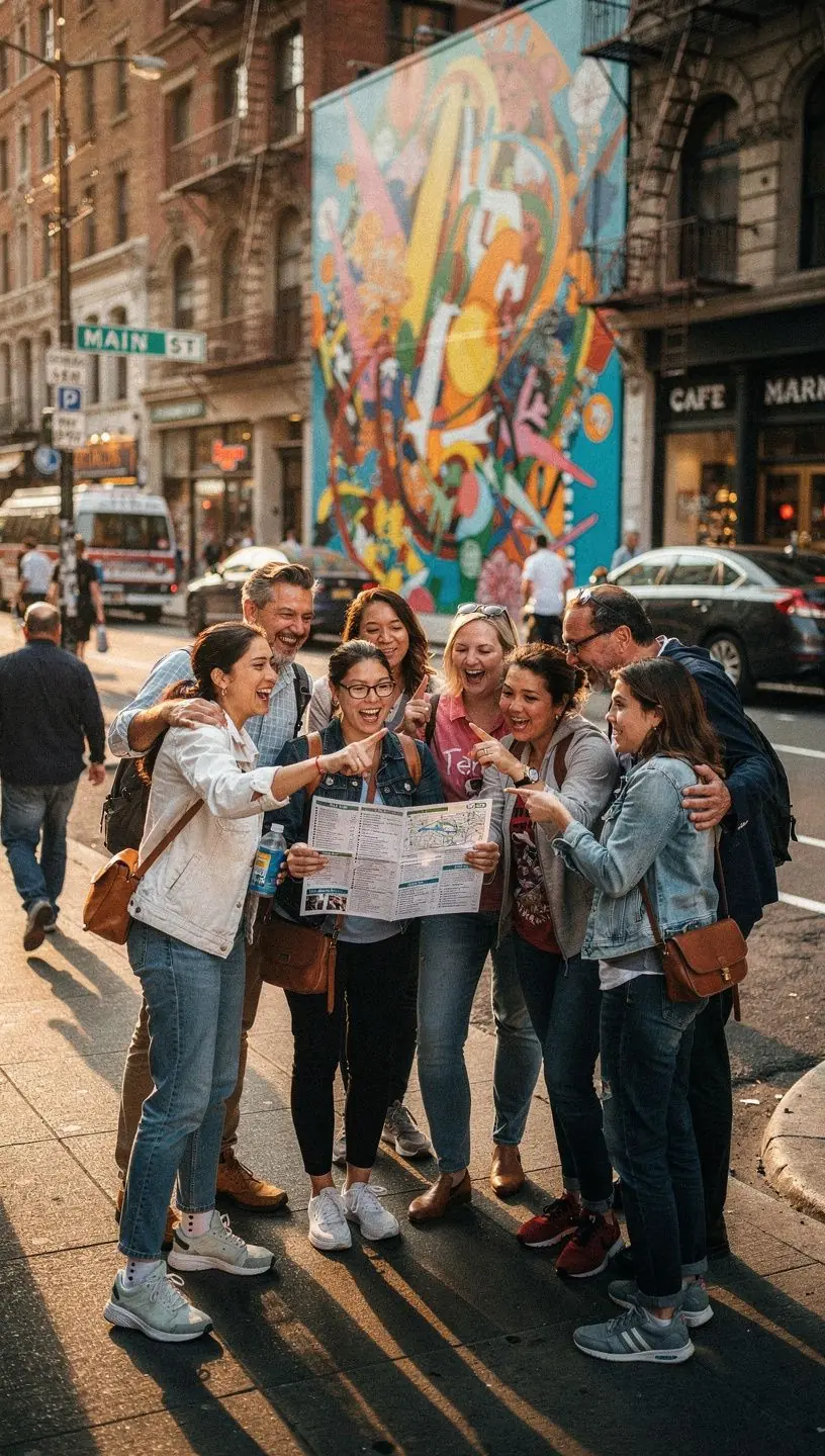 Grupa turystów zwiedzających malownicze miasteczko w Stanach Zjednoczonych.