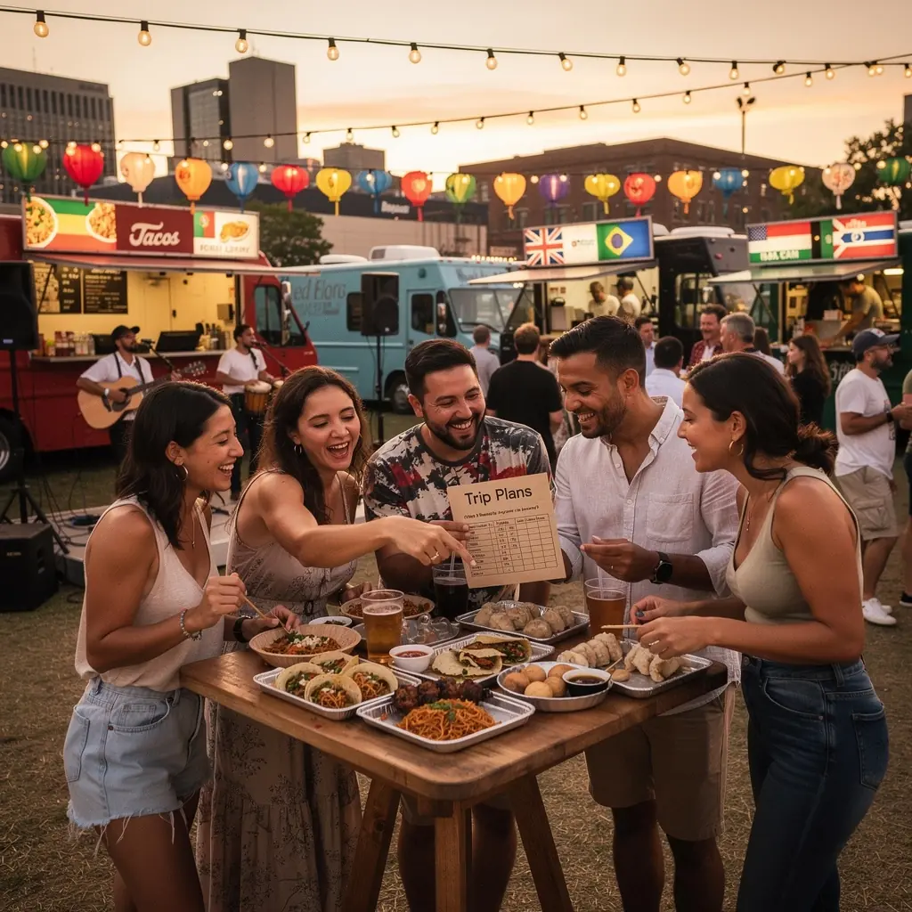 Rodzina spędzająca czas na świeżym powietrzu, korzystająca z offline'owego przewodnika.